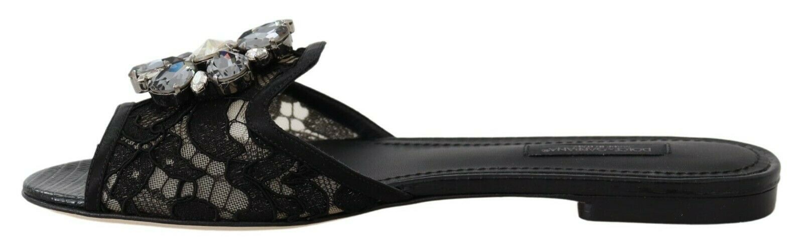 Dolce & Gabbana Dolce & Gabbana Black Taormina Lace Slides Crystals Flats Women's Shoes