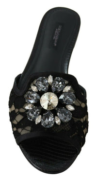 Dolce & Gabbana Dolce & Gabbana Black Taormina Lace Slides Crystals Flats Women's Shoes