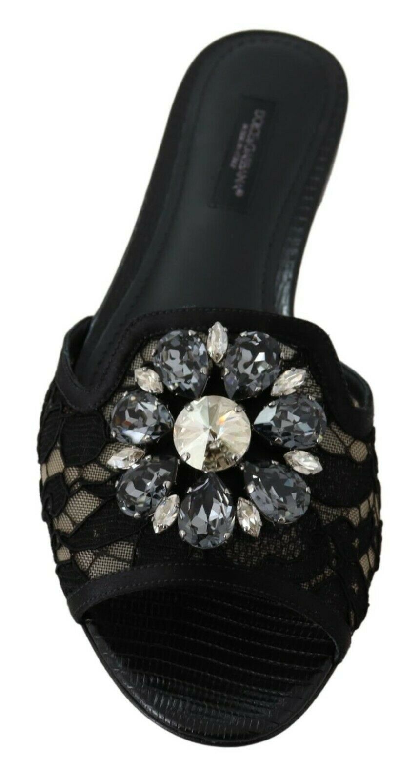 Dolce & Gabbana Dolce & Gabbana Black Taormina Lace Slides Crystals Flats Women's Shoes