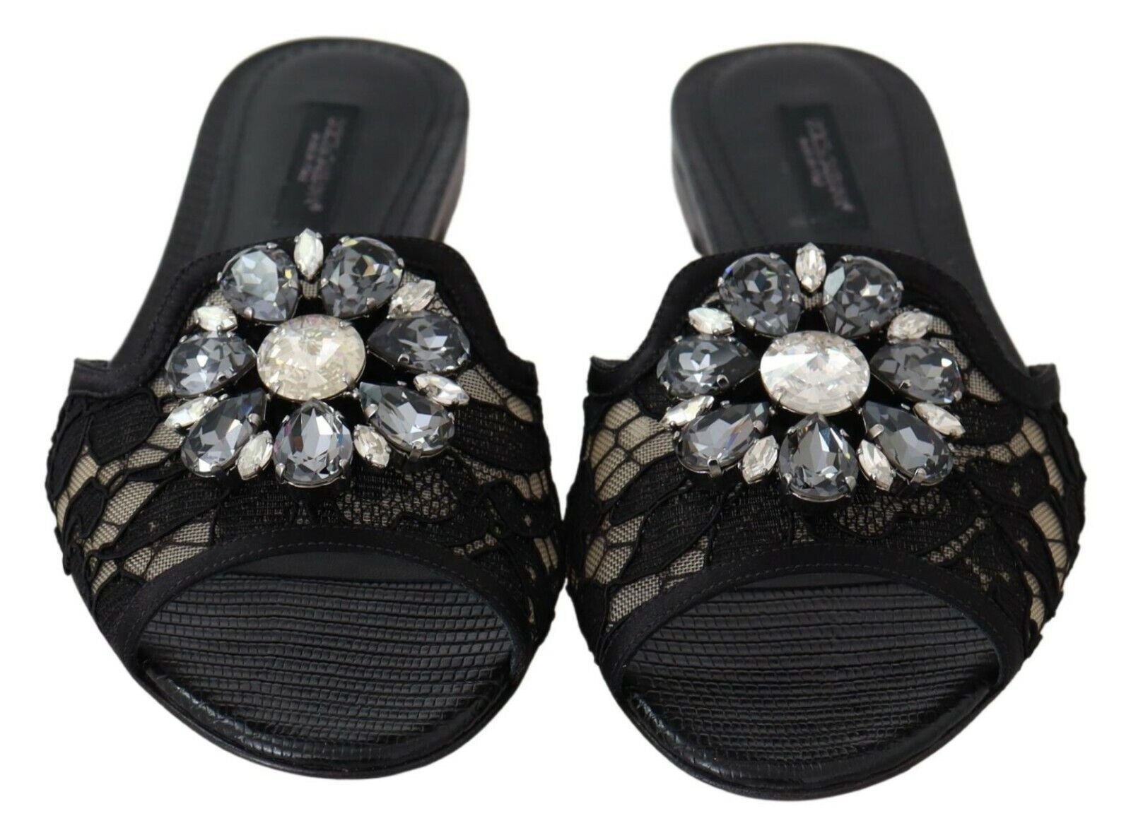 Dolce & Gabbana Dolce & Gabbana Black Taormina Lace Slides Crystals Flats Women's Shoes