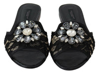 Dolce & Gabbana Dolce & Gabbana Black Taormina Lace Slides Crystals Flats Women's Shoes