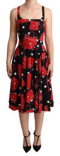 Dolce & Gabbana Black Red Bag Print A-line Mid Length Women's Dress