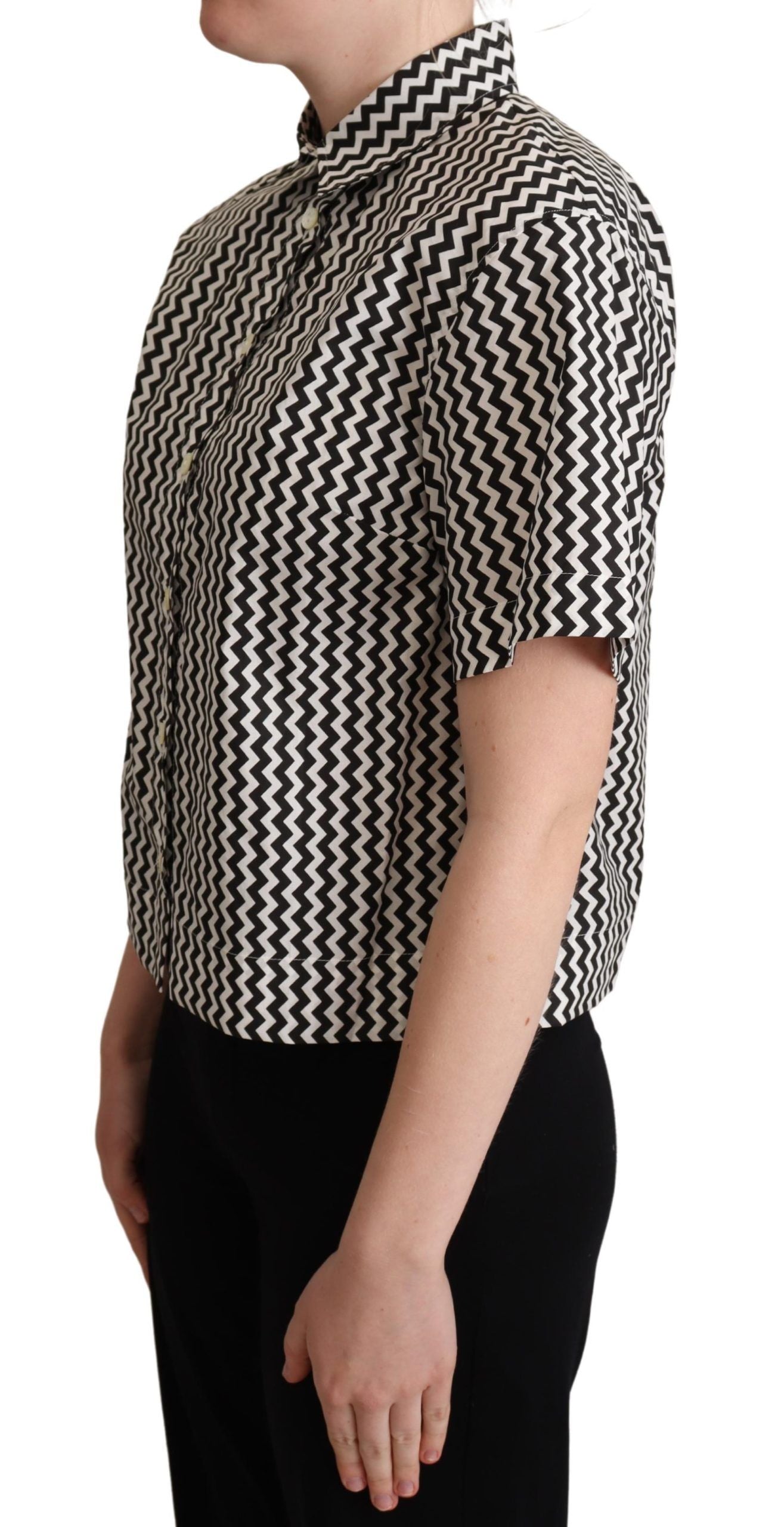 Dolce & Gabbana Black White Zigzag Collar Cotton Top Women's Shirt