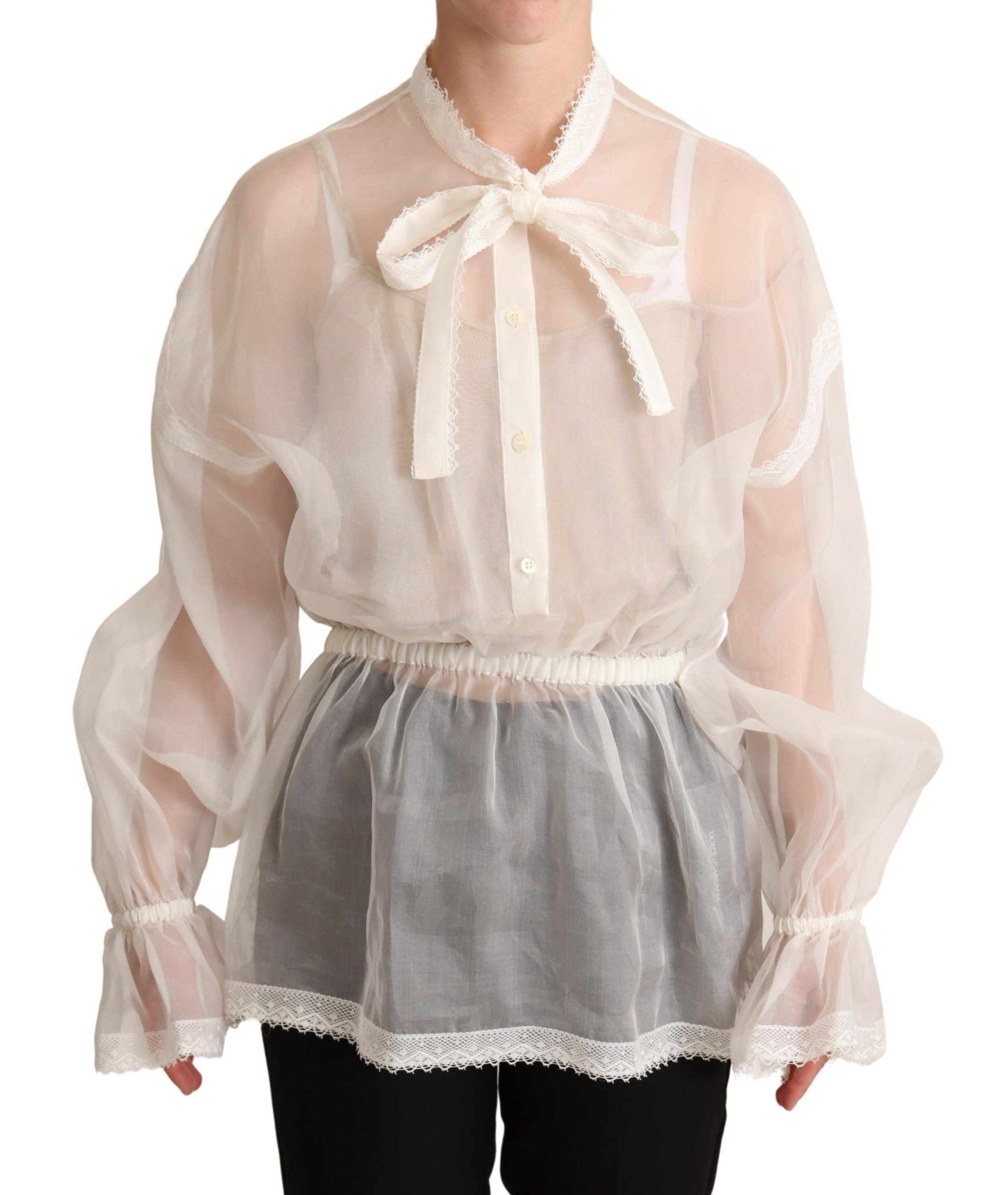 Dolce & Gabbana White Ascot Collar Long Sleeves Blouse Women's Top