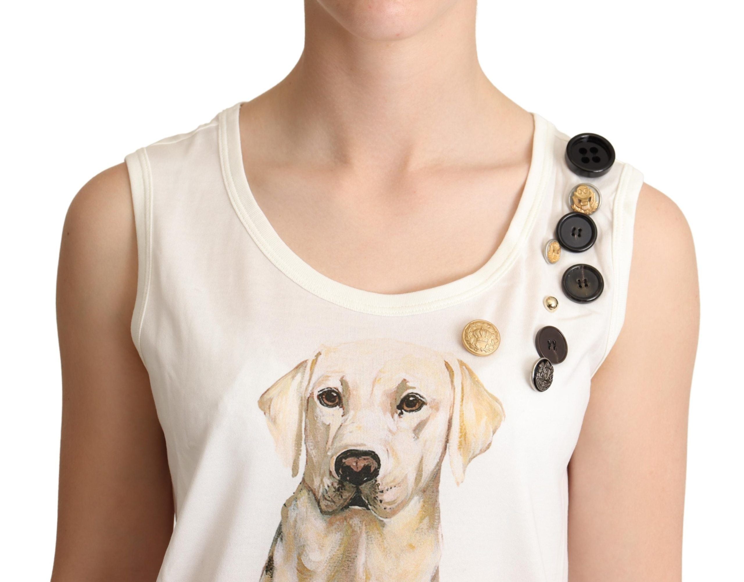 Dolce & Gabbana White Dog Floral Print Embellished Women's T-shirt
