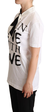 Dolce & Gabbana White Cotton Silk Blend Ascot Collar Women's T-shirt