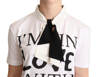 Dolce & Gabbana White Cotton Silk Blend Ascot Collar Women's T-shirt