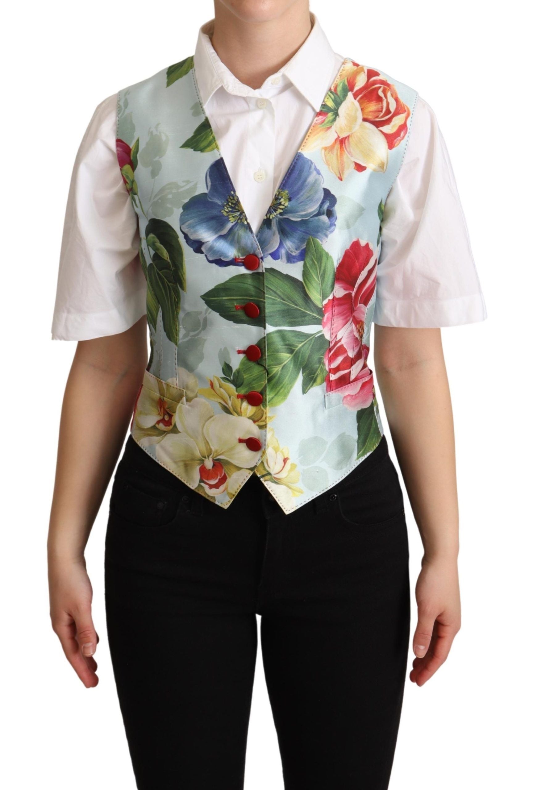Dolce & Gabbana Dolce & Gabbana Mint Green Floral Silk Waistcoat Women's Vest