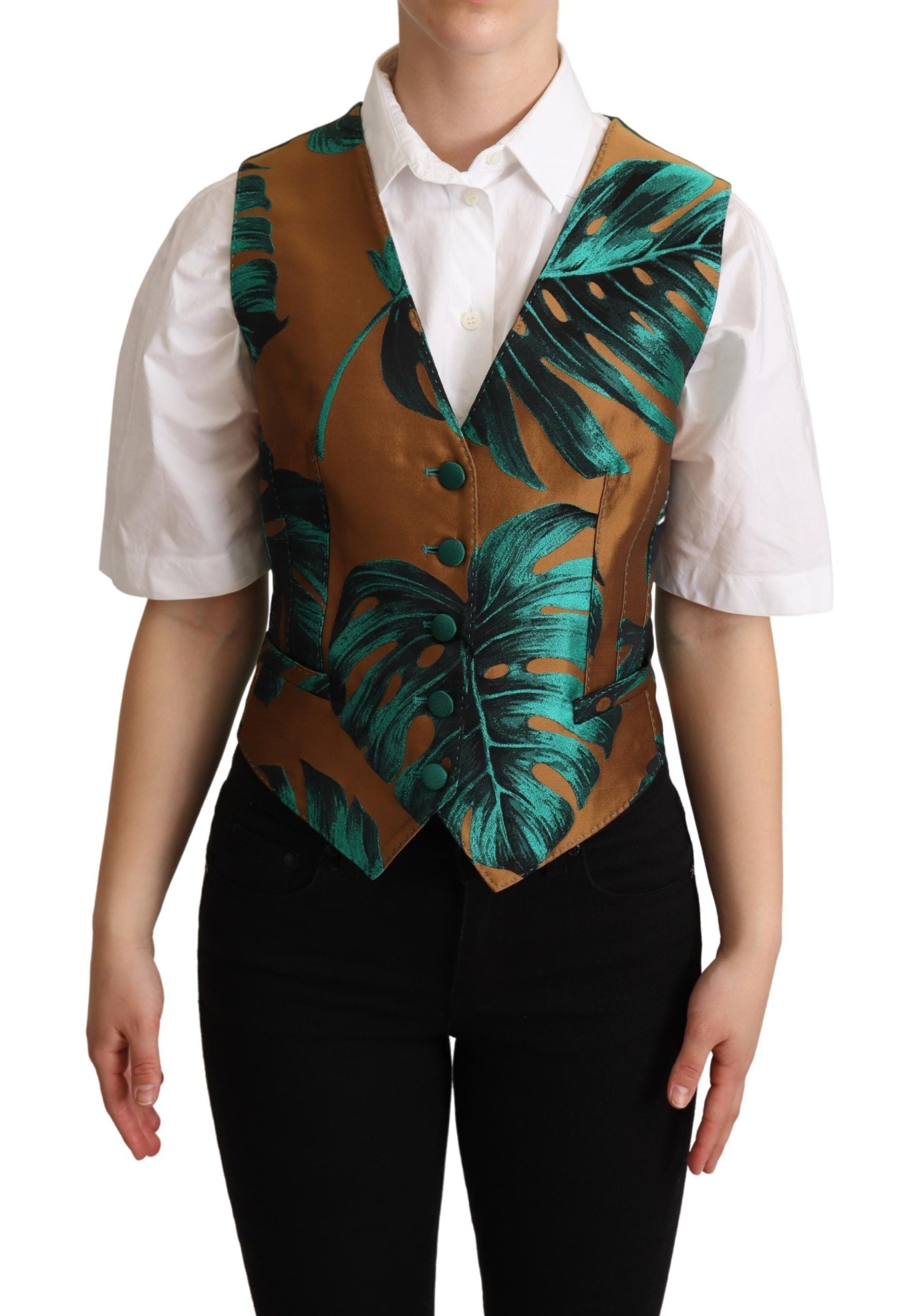 Dolce & Gabbana Dolce & Gabbana Green Jacquard Leaf Gold Waistcoat Women's Vest