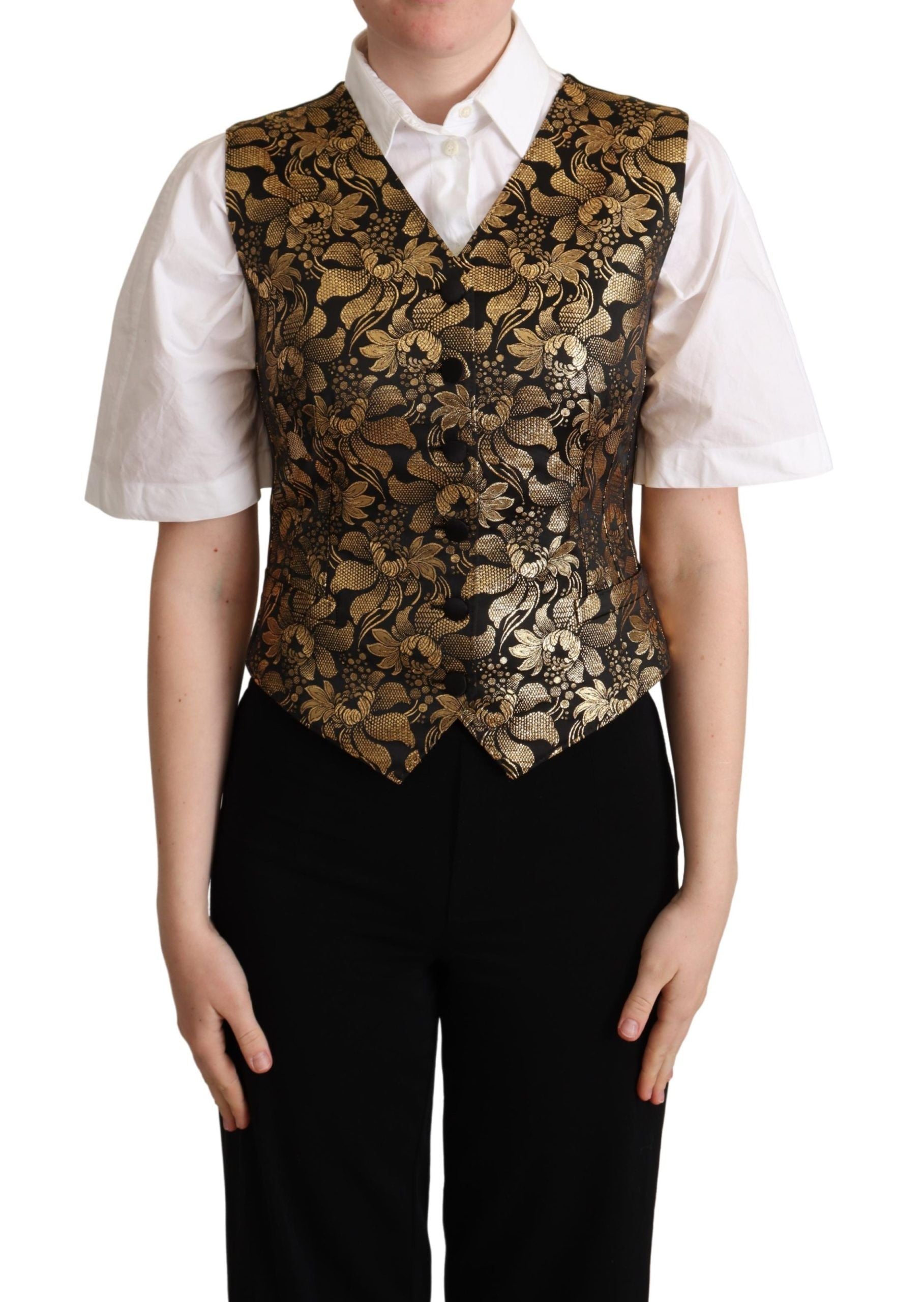 Dolce & Gabbana Dolce & Gabbana Black Gold Jacquard Silk Waistcoat Women's Vest