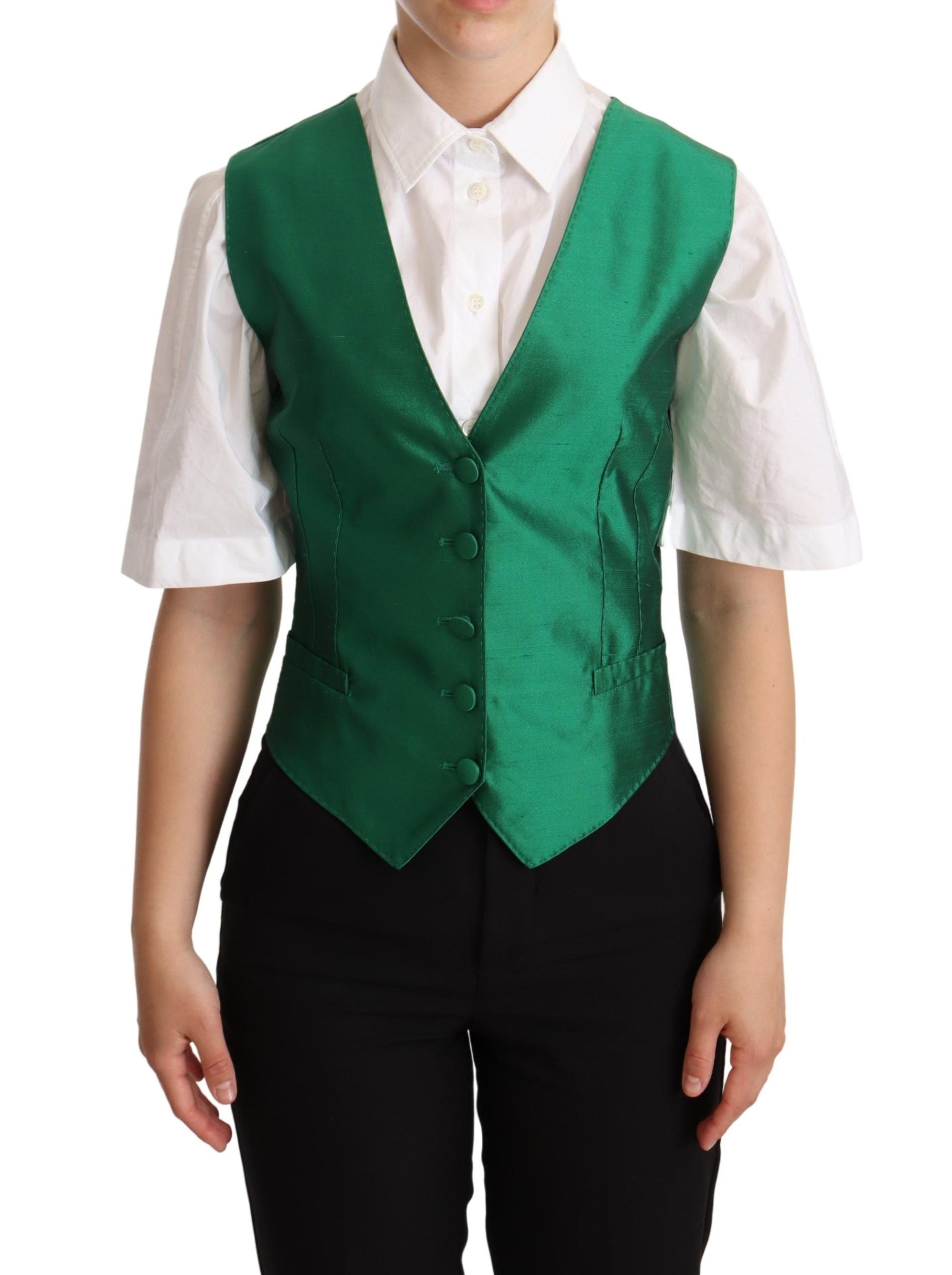 Dolce & Gabbana Dolce & Gabbana Green Silk Satin Sleeveless Waistcoat Women's Vest
