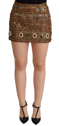 Dolce & Gabbana Gold Crystal Jacquard High Waist Women's Skirt