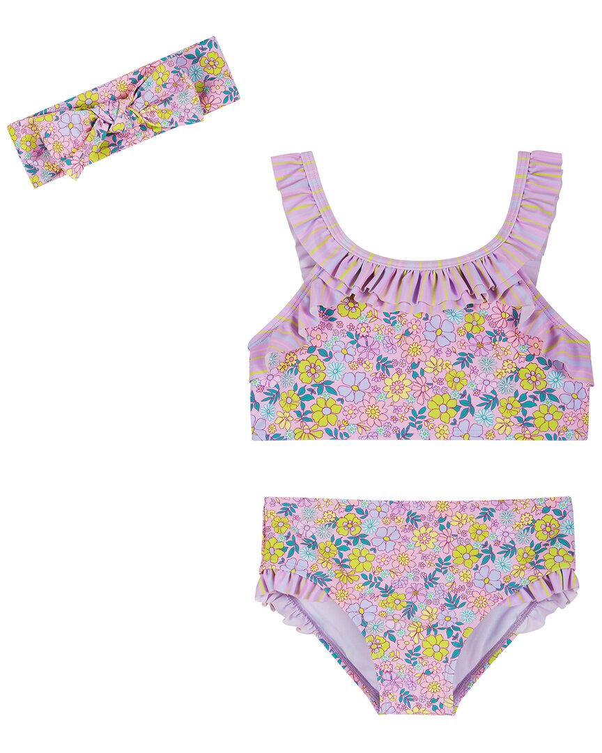 Andy & Evan Print Mix Ruffle Bikini With Headband