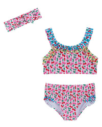 Andy & Evan Cherry Stripe Ruffle Bikini With Headband