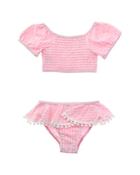 Flap Happy 2Pc Pink Gingham Seersucker Top & Skirted Bikini Bottom Set