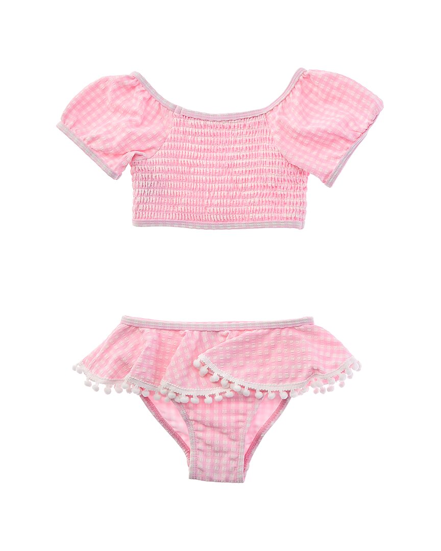 Flap Happy 2Pc Pink Gingham Seersucker Top & Skirted Bikini Bottom Set
