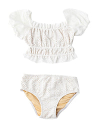 Shade Critters Eyelet Girls Smocked Puff Sleeve Swimsuit