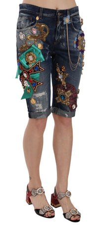 Dolce & Gabbana Blue Denim Mid Waist Crystal Capri Women's Shorts
