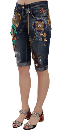 Dolce & Gabbana Blue Denim Mid Waist Crystal Capri Women's Shorts