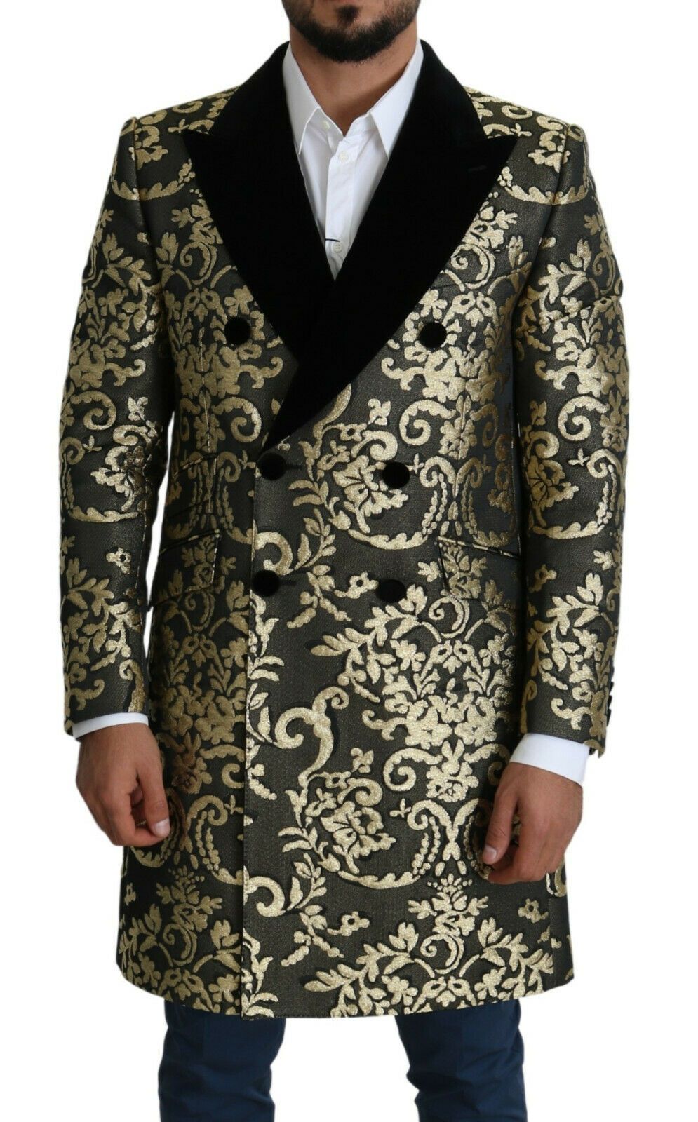 Dolce & Gabbana Black Gold Jacquard Long Coat SICILIA Men's Jacket
