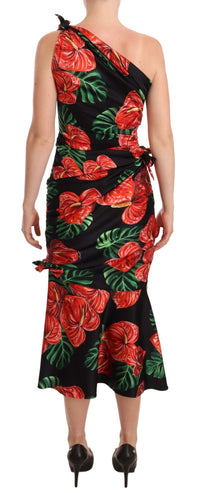 Dolce & Gabbana Black Shiny Silk Floral Print Draped Women's Dress