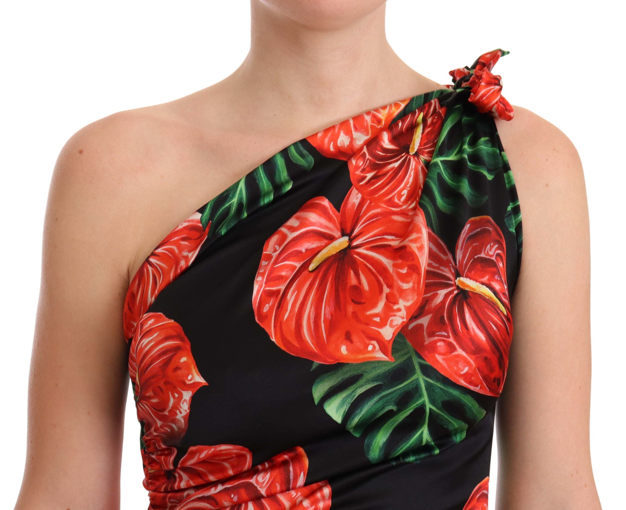 Dolce & Gabbana Black Shiny Silk Floral Print Draped Women's Dress
