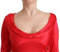 John Galliano Red Viscose 3/4 Sleeves Deep Round Neck Sheath Women's Dress