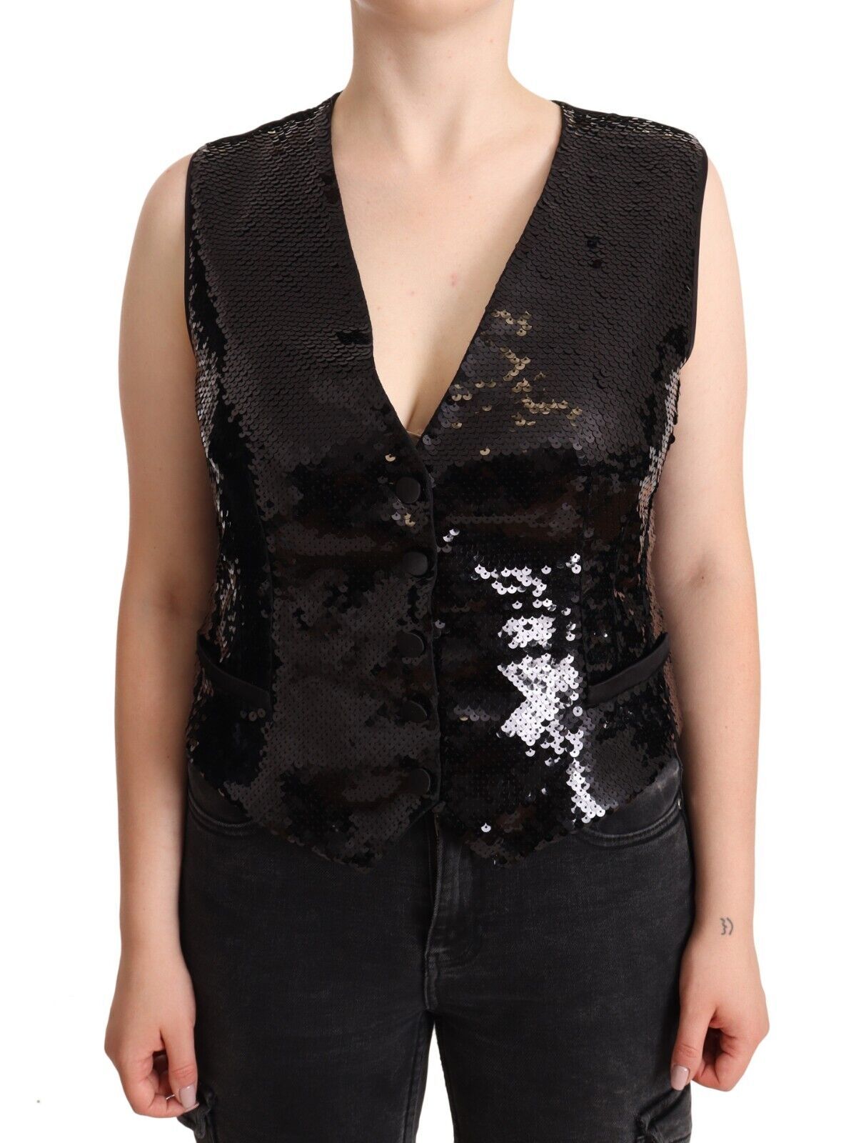 Dolce & Gabbana Dolce & Gabbana Black Sequin V-Neck Sleeveless Vest Tank Women's Top