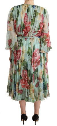 Dolce & Gabbana Green Floral Long Sleeves V-neck Midi Women's Dress