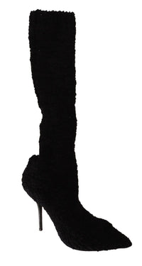 Dolce & Gabbana Black Stretch Socks Knee High Booties Women's Shoes