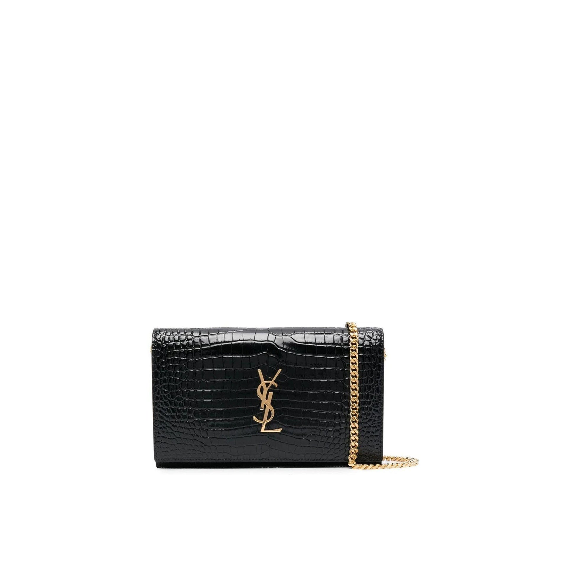 Saint Laurent Cassandre Croc Embossed Leather Chain Wallet Women