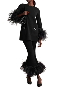 Valentino Garavani Valentino Women???¡¥S Cropped Feather-Trimmed Knitted Flared Pants Nero 4B3Kf01N8F0_0No