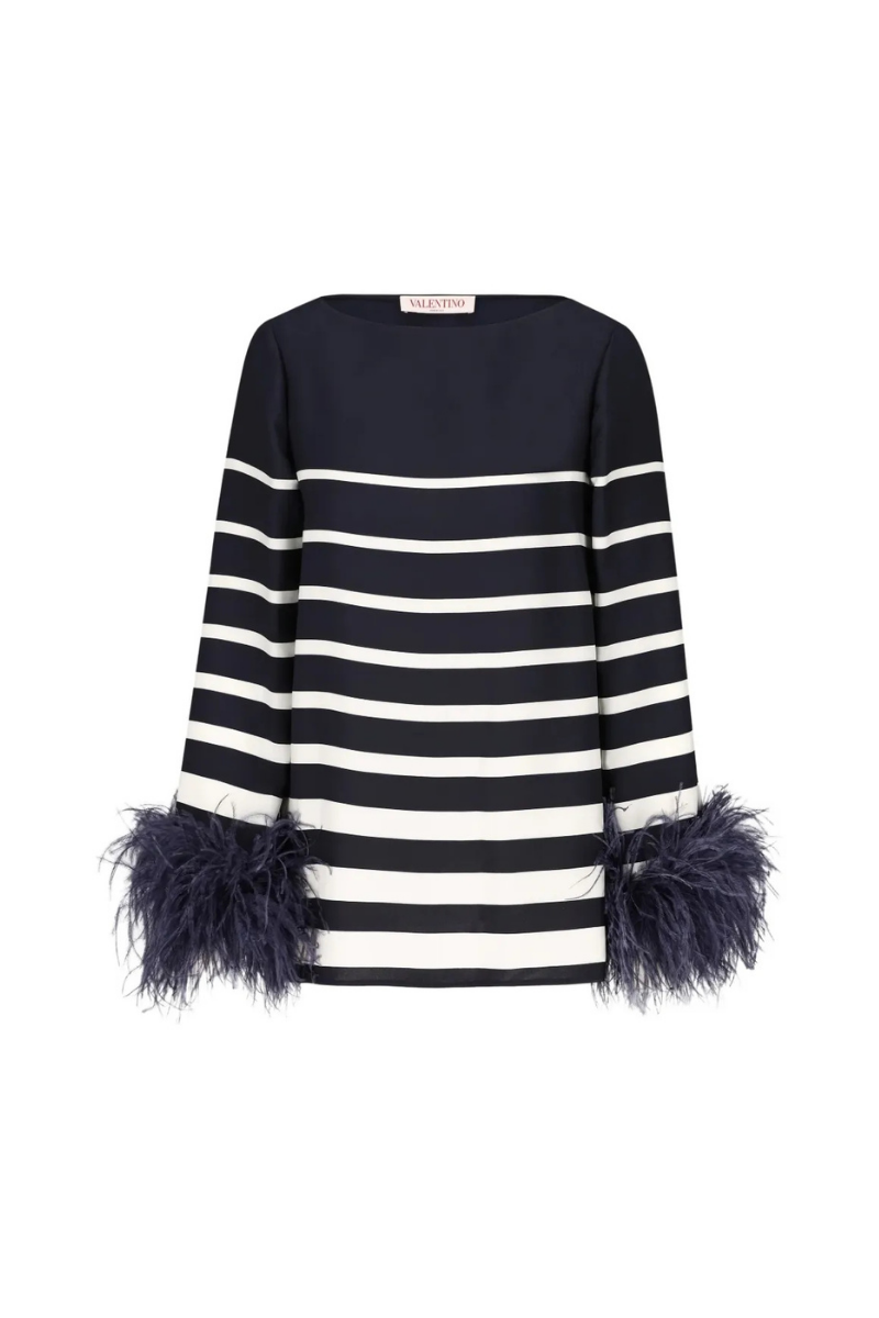 Valentino Garavani Valentino Garavani Striped Feather-Trimmed Blouse