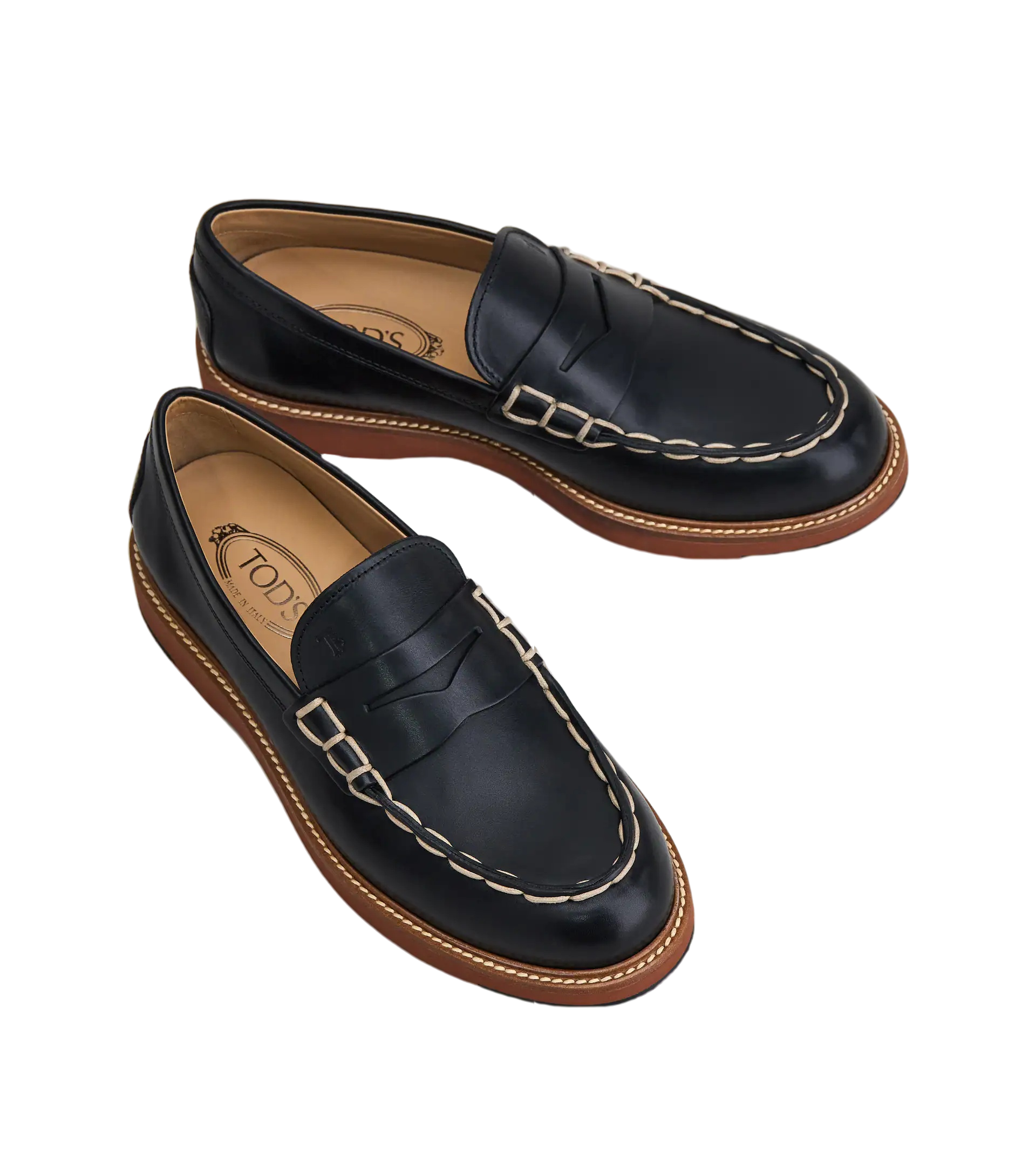 Tods Smooth Leather Penny Loafers with Contrast Stitching