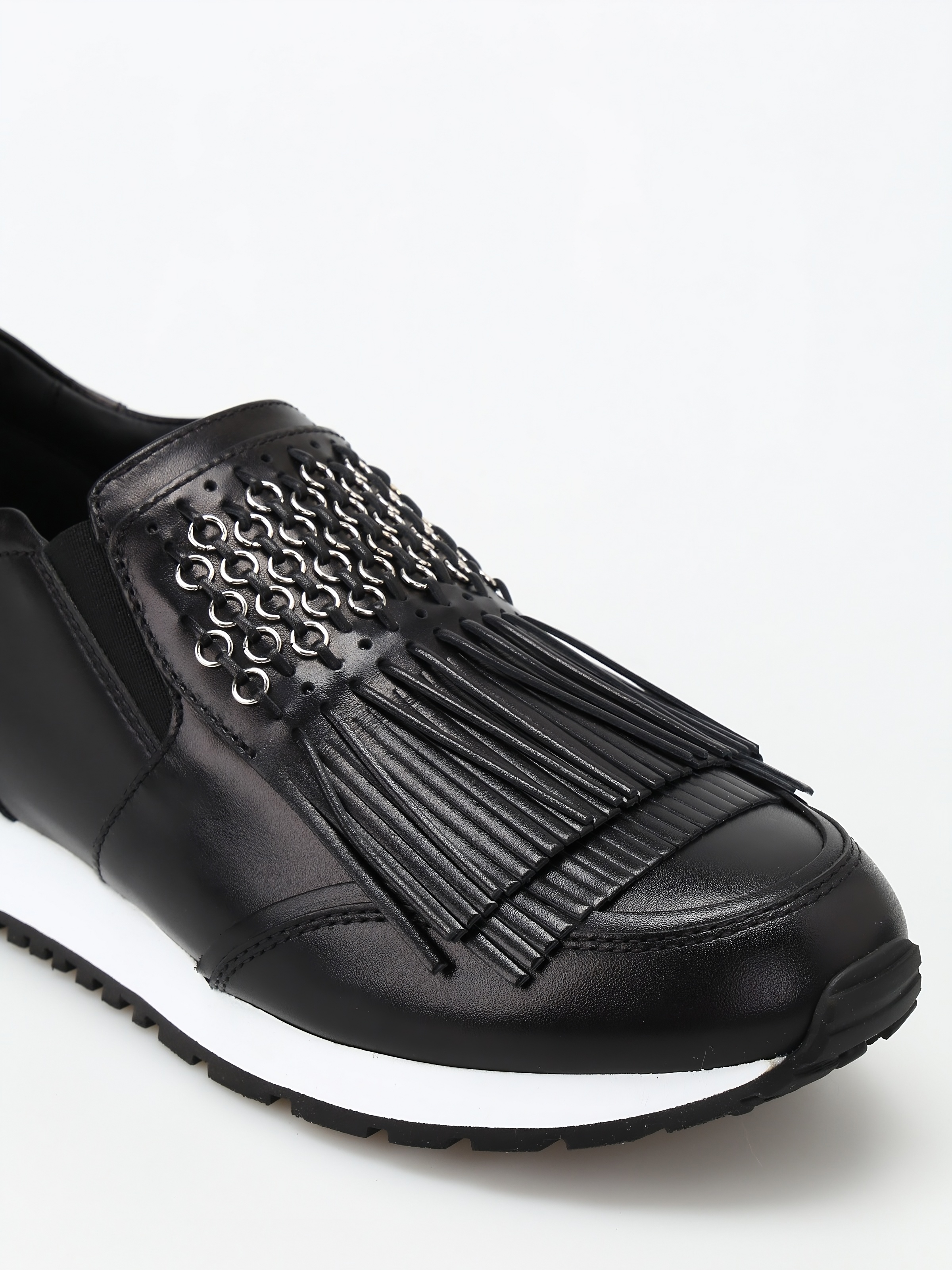Tods Leather Fringe Metallic Chain Slip-On Sneakers