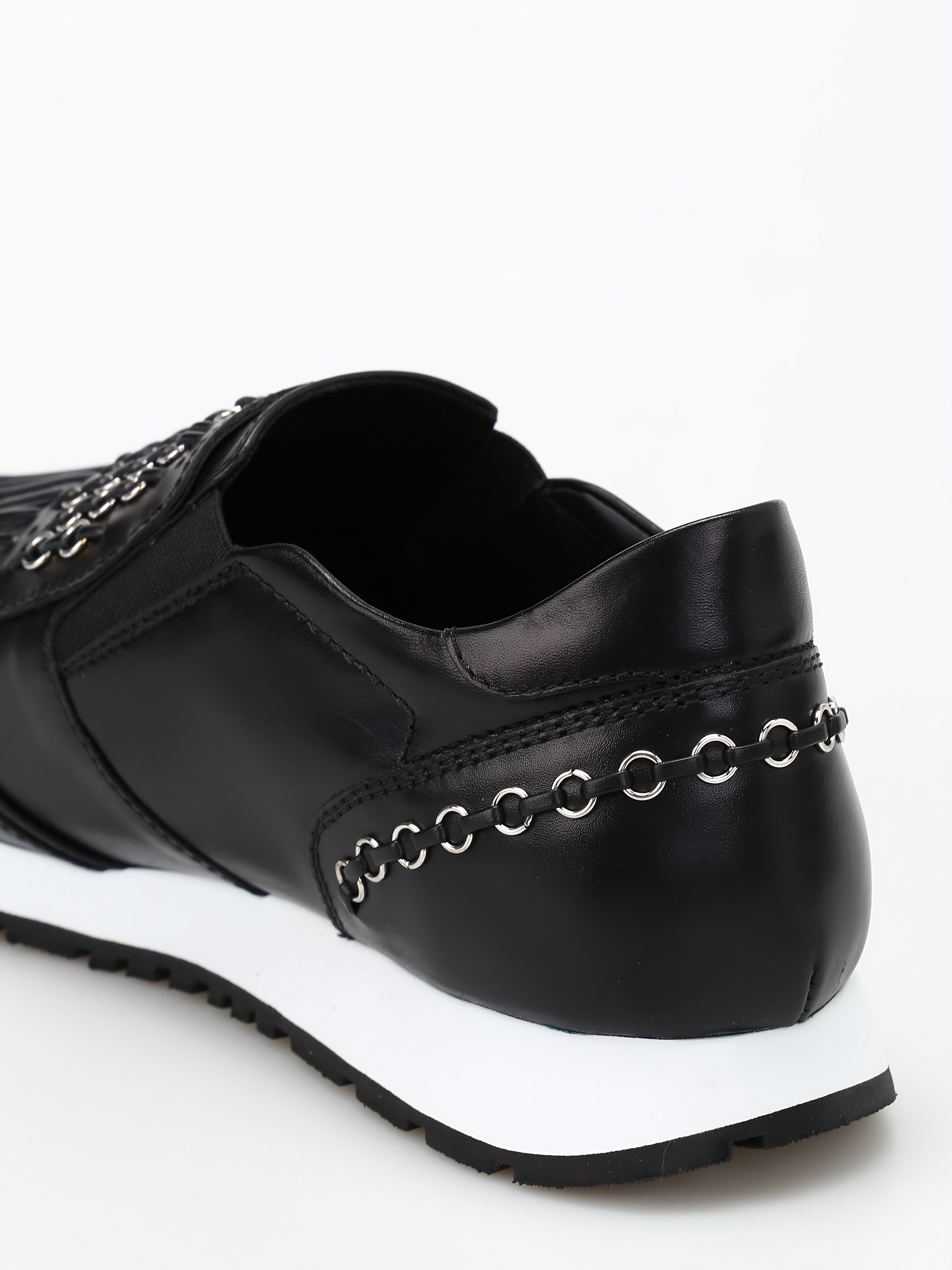 Tods Leather Fringe Metallic Chain Slip-On Sneakers