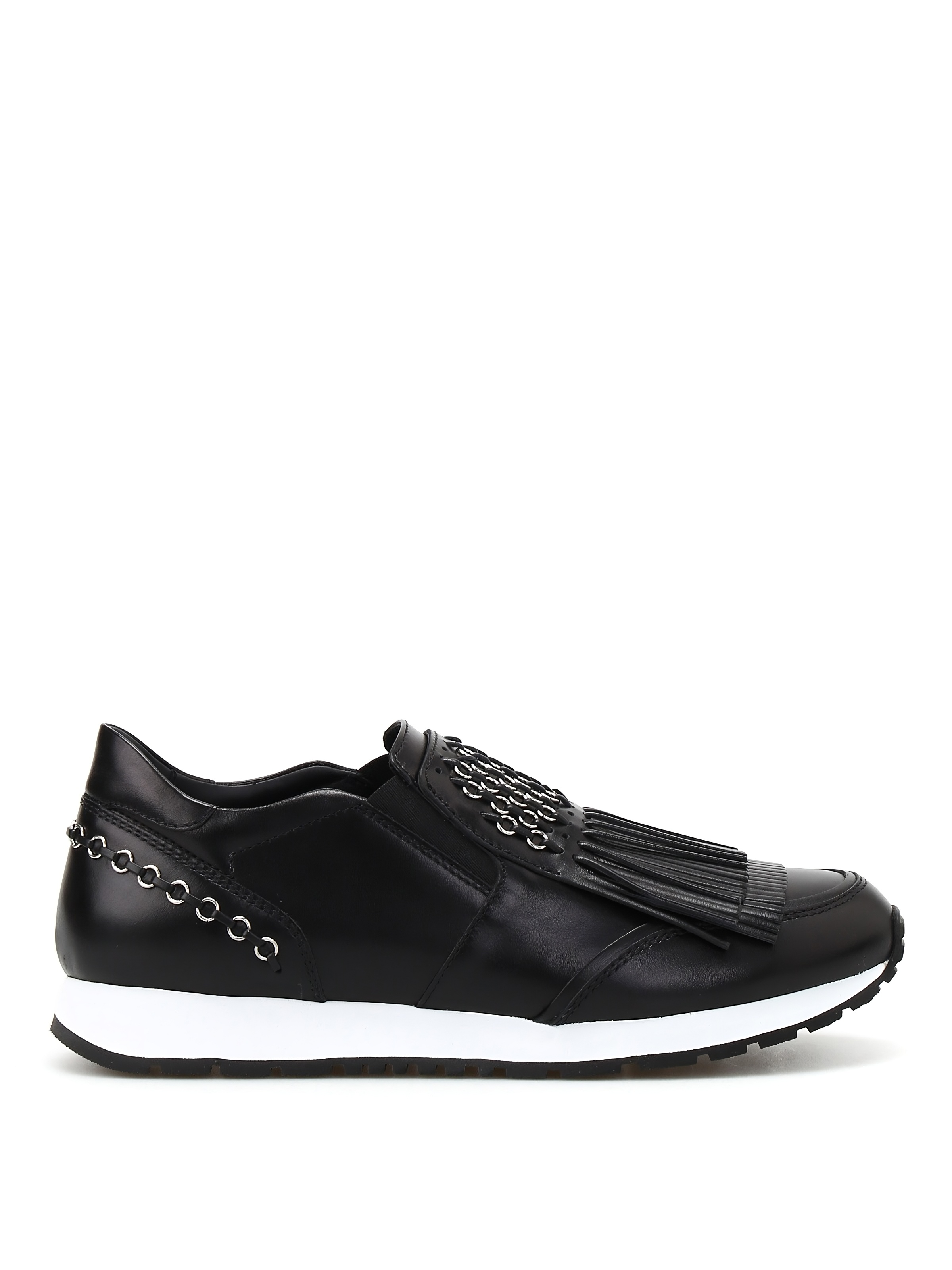 Tods Leather Fringe Metallic Chain Slip-On Sneakers