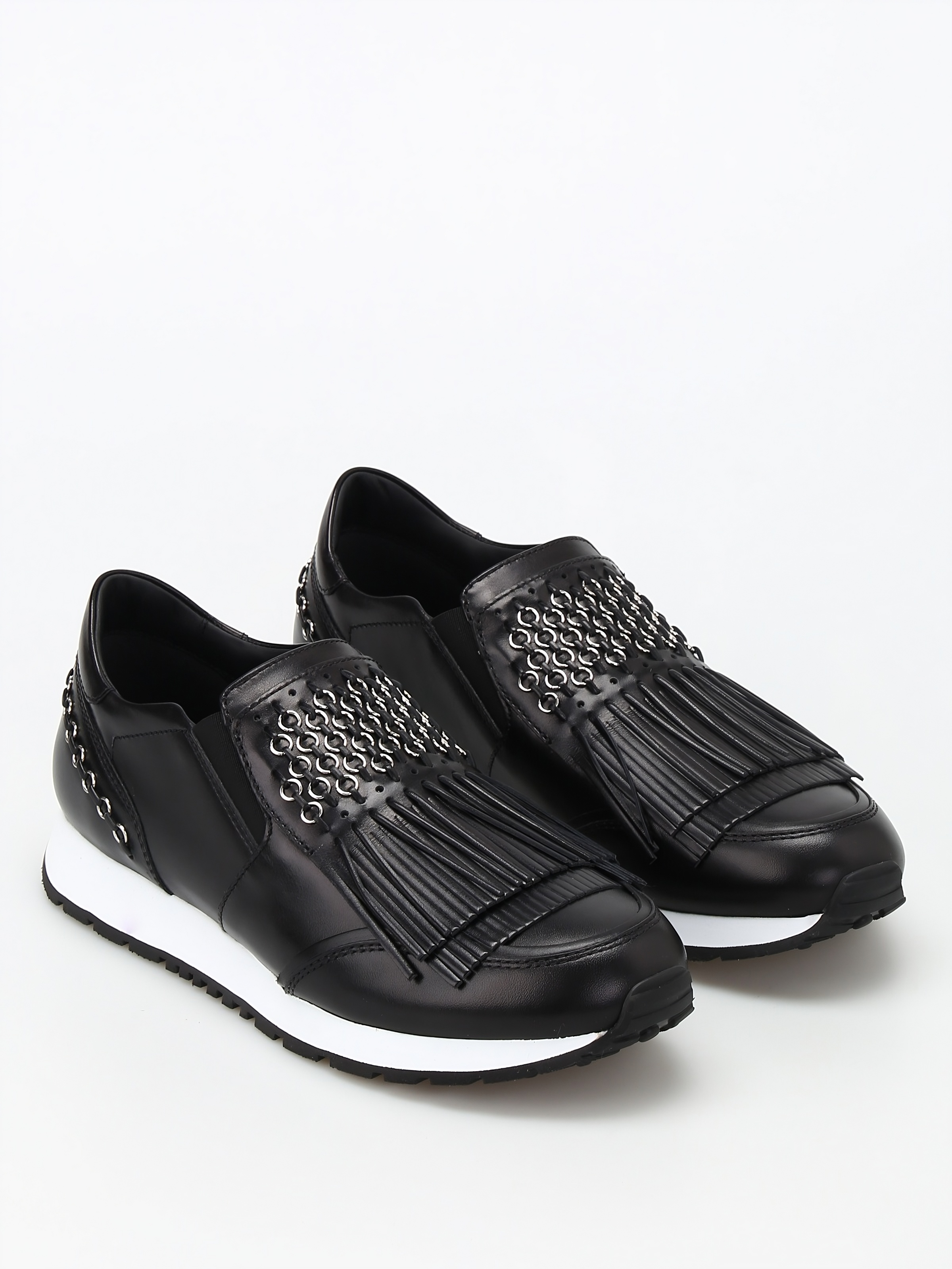 Tods Leather Fringe Metallic Chain Slip-On Sneakers