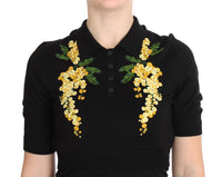 Dolce & Gabbana Black Silk Floral Embroidered Polo Women's Top