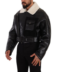 Dolce & Gabbana Black Leather Shearling Biker Coat Men's Jacket