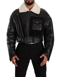 Dolce & Gabbana Black Leather Shearling Biker Coat Men's Jacket
