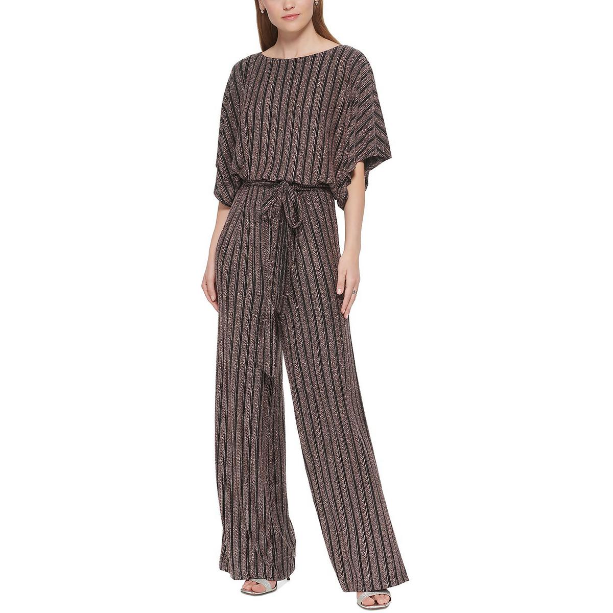 Petites Womens Knit Glitter Striped Jumpsuit