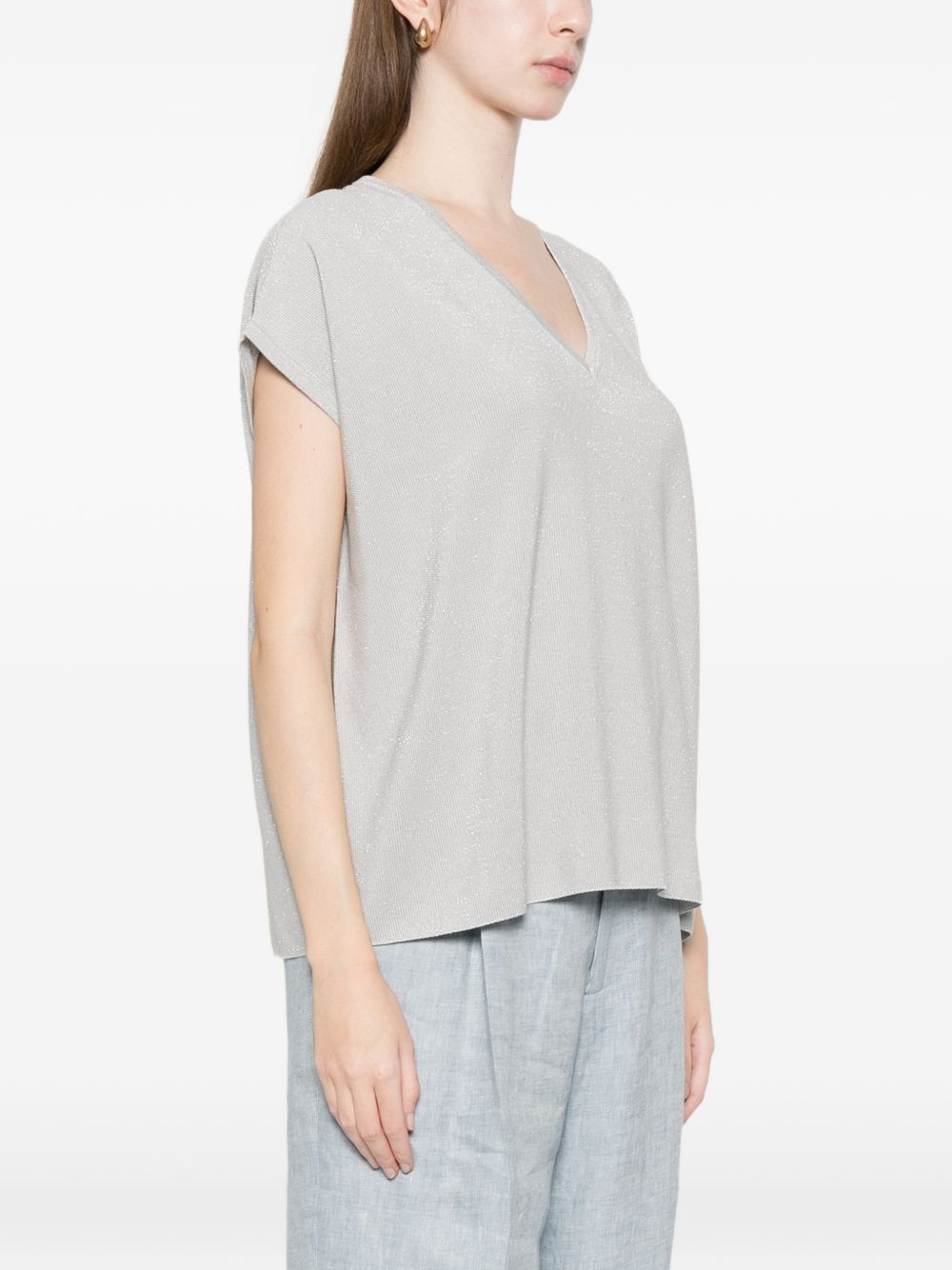 Fabiana Filippi Fabiana Filippi Women's V-Neck Short Sleeves Knitted Construction Cotton V-Necked Top