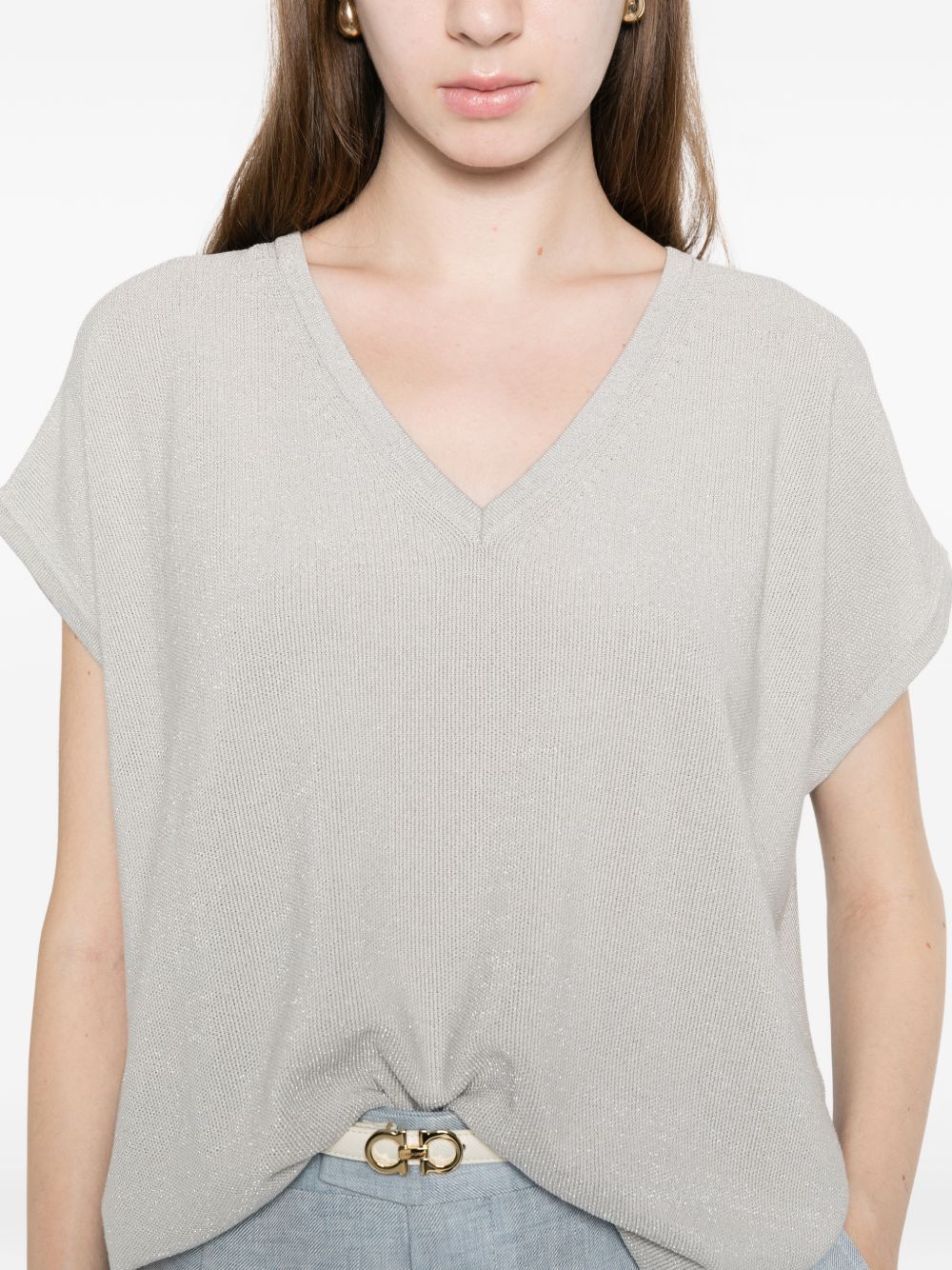 Fabiana Filippi Fabiana Filippi Women's V-Neck Short Sleeves Knitted Construction Cotton V-Necked Top