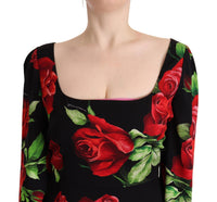 Dolce & Gabbana Black Red Roses Sheath Stretch Silk Women's Dress