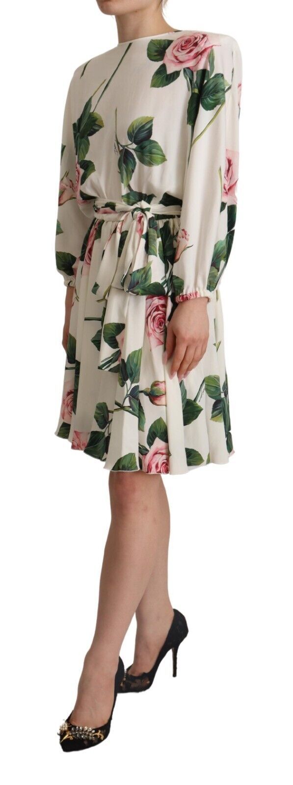 Dolce & Gabbana White Rose Print Long Sleeves A-line Women's Dress
