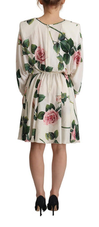 Dolce & Gabbana White Rose Print Long Sleeves A-line Women's Dress