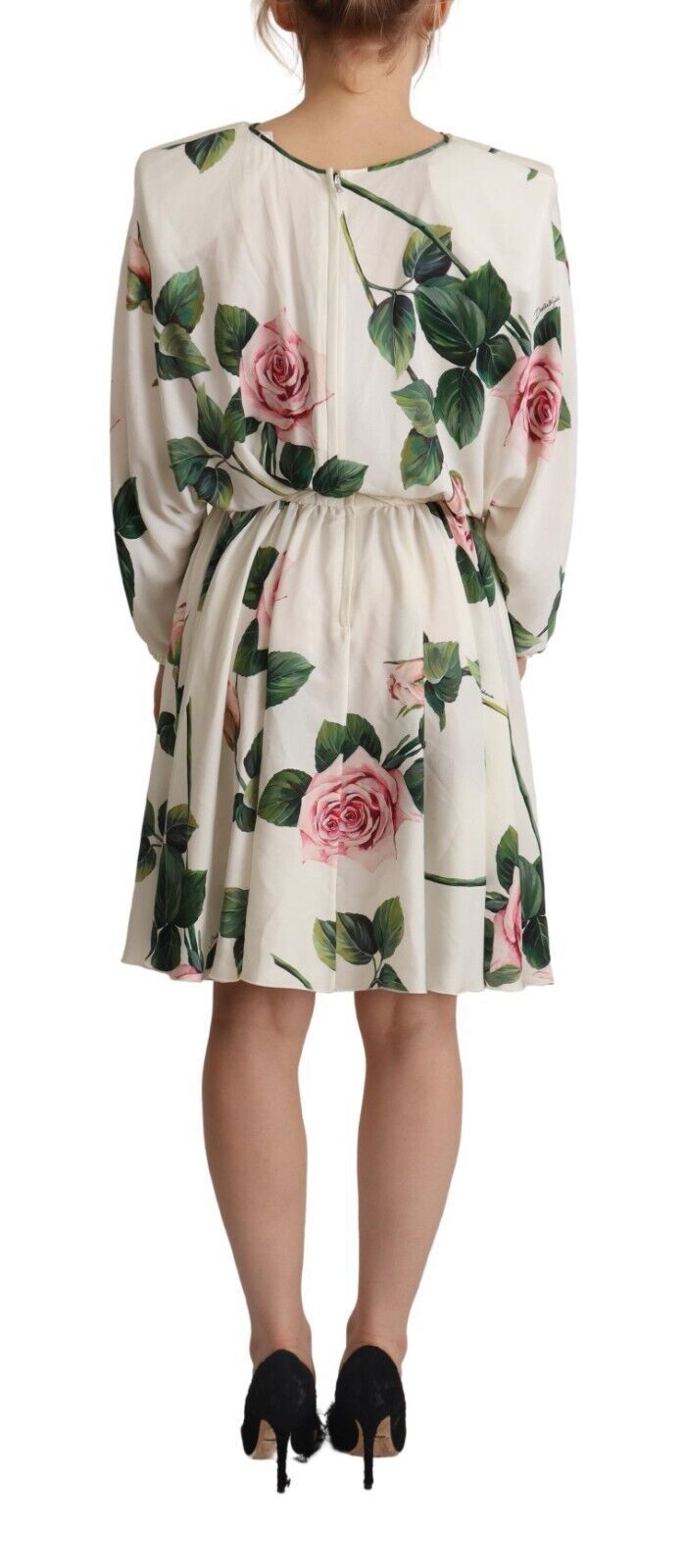Dolce & Gabbana White Rose Print Long Sleeves A-line Women's Dress