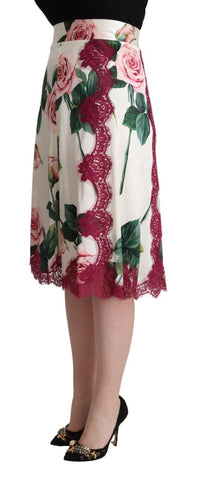 Dolce & Gabbana White Rose Print High Waist Midi A-line Women's Skirt