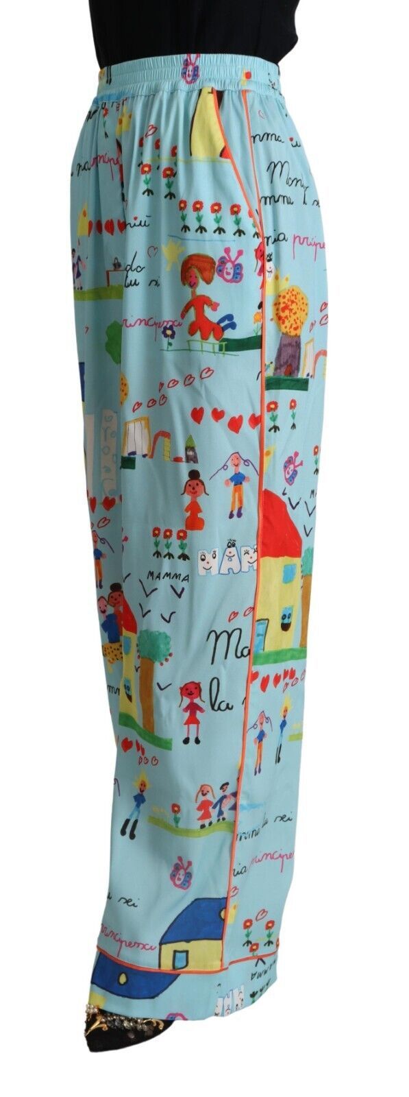Dolce & Gabbana Light Blue Drawing Mid Waist Wide Leg Women's Pants